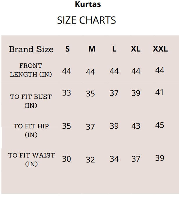 Size charts Embroidered Kurta for Women