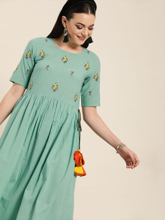 Jaipur Kurti Women Sea Green Solid Floral Embroidered A-line Dress