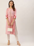 Jaipur Kurti Pink embroidered cotton slub printed straight kurta
