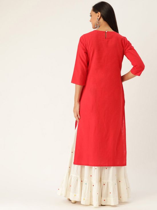 Jaipur Kurti Women Red Self Weave Straight Cotton Flex Kurta