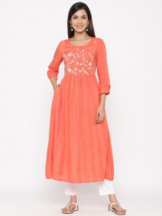 Jaipur Kurti Women Coral Embroidered A-line Yarn Dyed Kurta With Pant