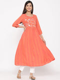 Jaipur Kurti Women Coral Embroidered A-line Yarn Dyed Kurta With Pant