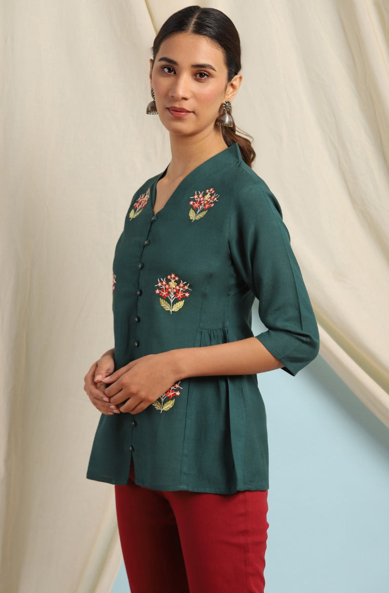 Janasya Sea Green Floral Embroidered Tunic for Women