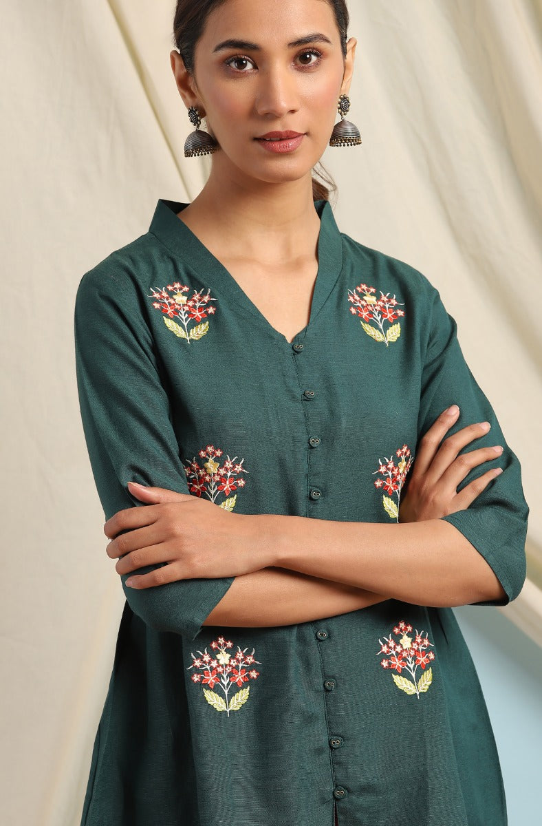 Janasya Sea Green Floral Embroidered Tunic for Women
