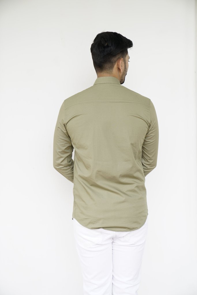Huginn and Muninn Olive Green Plain Casual Shirt with Mandarin Collar