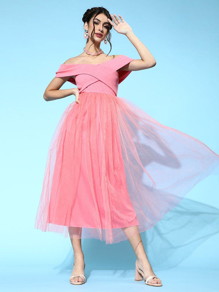 Gozars Pink Tulle Bardot Midi Dress for Women