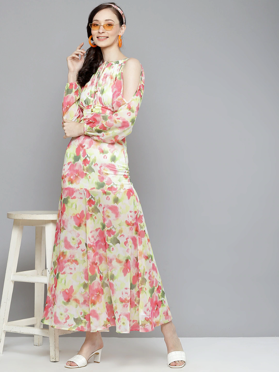 Gozars Women White & Pink Floral Cold Shoulder Maxi Dress