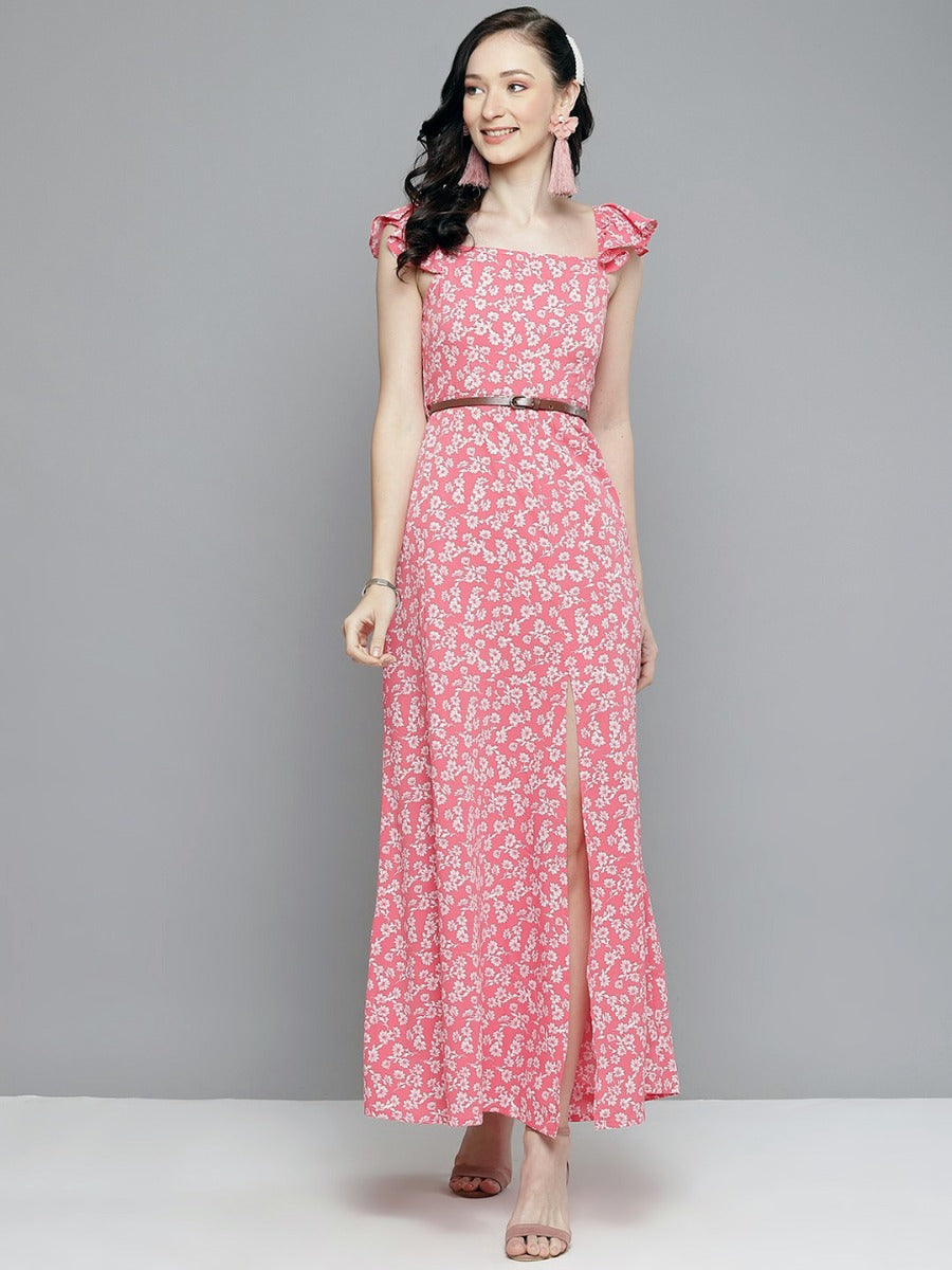 Gozars Women Pink Floral Bardot Belted Maxi Dress