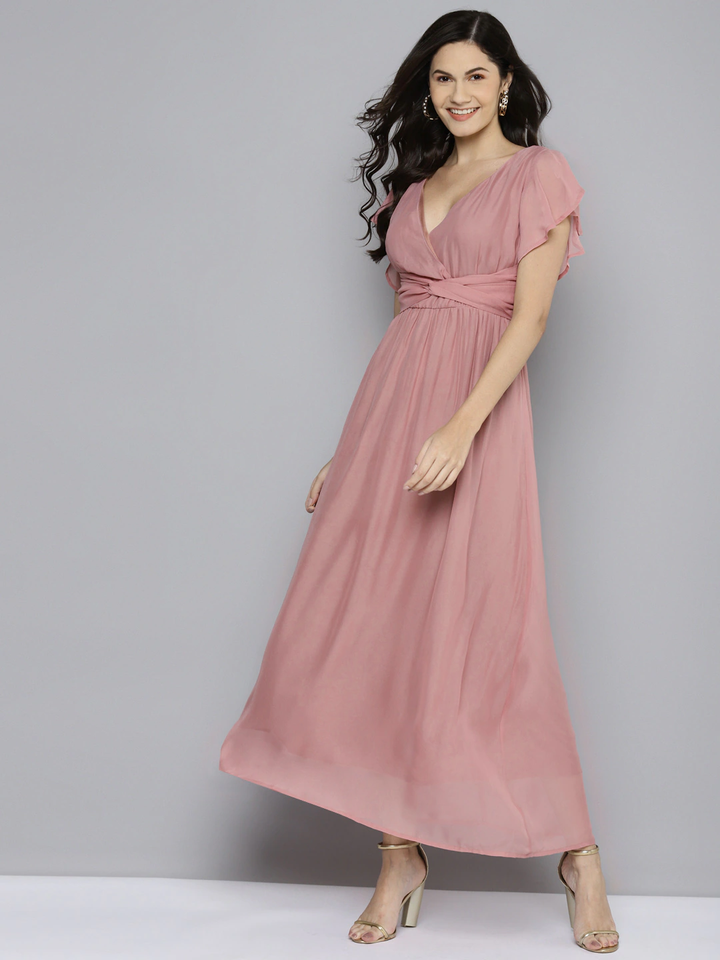 Gozars Women Onion Pink Wrap Belted Maxi Dress