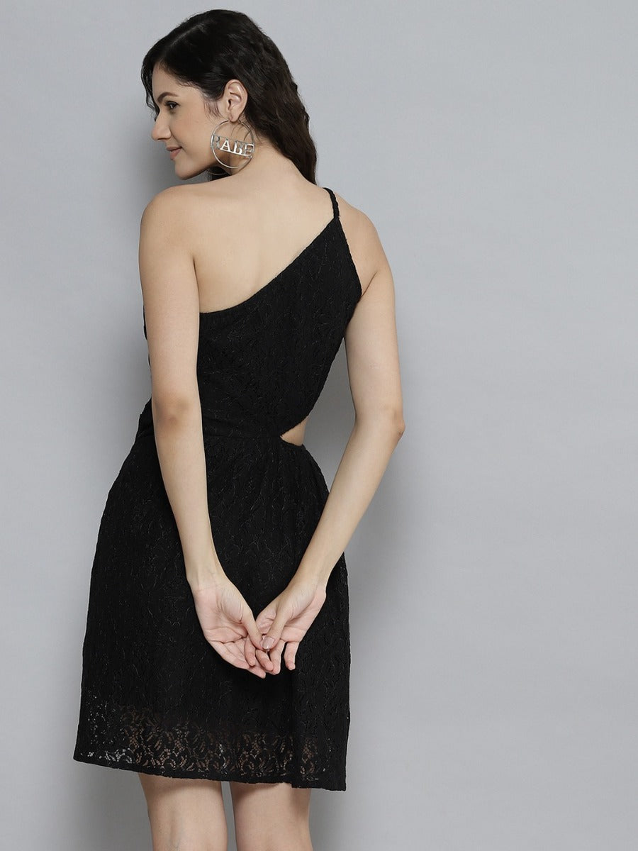Gozars Women Black Lace One Shoulder Side Cut-Out Dress