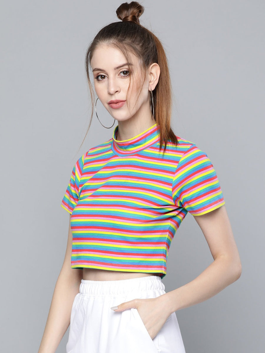 Gozars Rainbow Stripes High Neck Crop T-Shirt