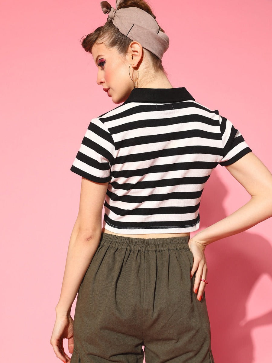 Gozars Women Black &amp; White Striped Crop Polo T-Shirt
