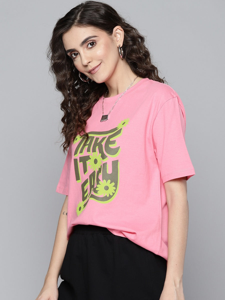 Gozars Women Pink TAKE IT EASY Regular T-Shirt