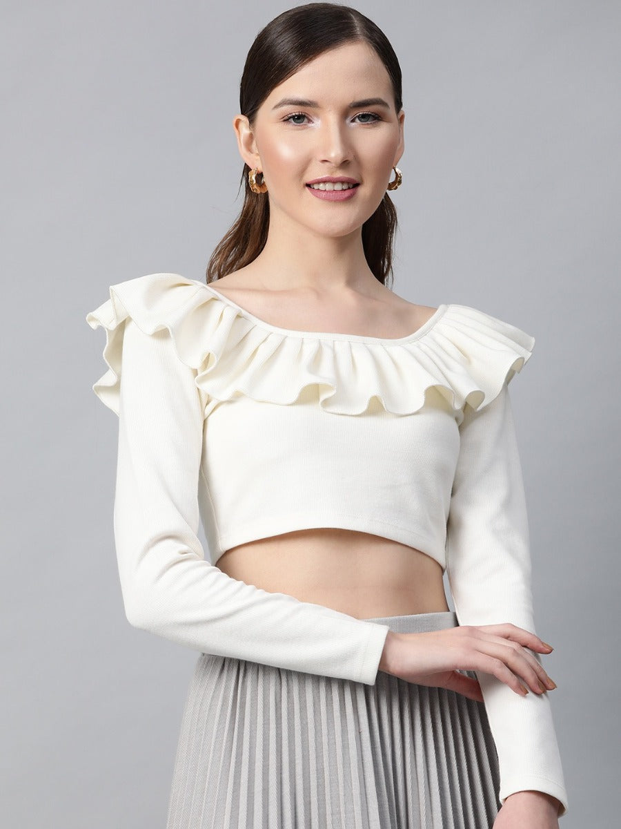 Gozars Off White Frilly Neck Rib Crop Top