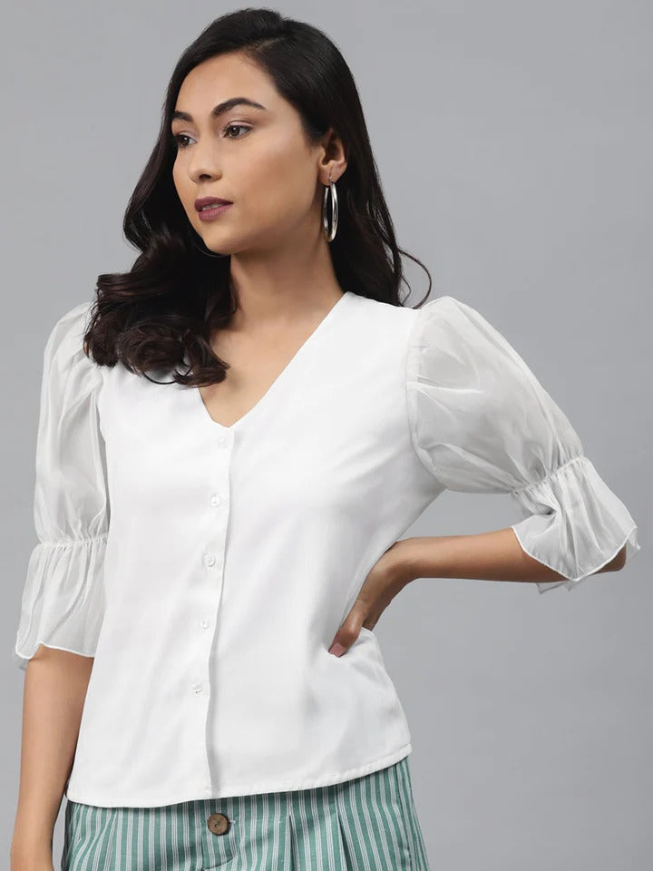 Gozars Off White Front Button Puffed Sleeve Top for Women