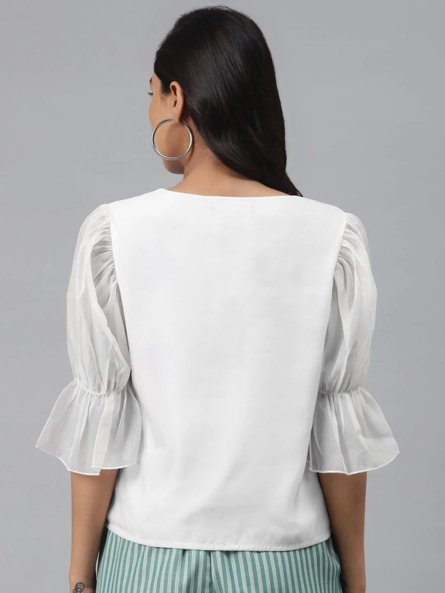 Gozars Off White Front Button Puffed Sleeve Top for Women