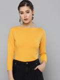 Uniqstop Yellow Solid Knitted Long Sleeve Women T-shirt